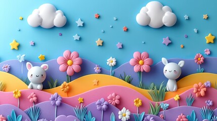 Trendy pastel purple kawaii banner background design template displays cute air plasticine handmade cartoon animals, flowers, and stars.