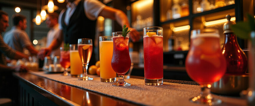 Bartender preparing vibrant cocktails at gala dinner, International Bartender Day