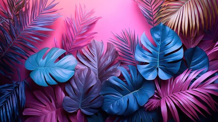 Trendy turquoise colored close-up of various tropical leaves against a vibrant pink and violet background.