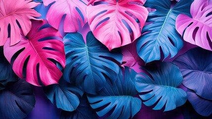 Trendy turquoise colored close-up of various tropical leaves against a vibrant pink and violet background.