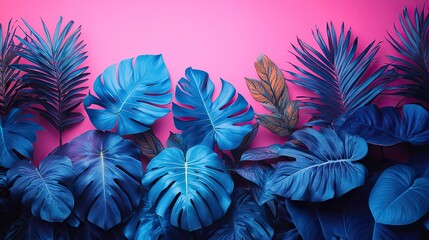 Trendy turquoise colored close-up of various tropical leaves against a vibrant pink and violet background.