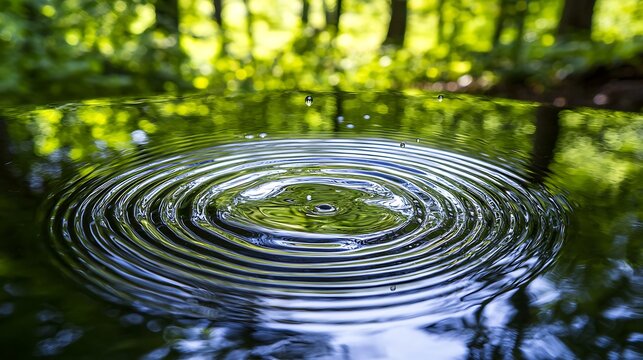 Delicate ripples form on a serene water surface as raindrops gently fall. The water remains calm overall, but each droplet creates a series of soft waves, making the surface come to life with