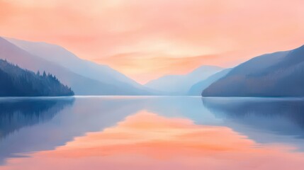 Obraz premium A tranquil lakeside view at dusk, with soft pink and orange hues reflecting on the calm water, inspiring calmness and introspection