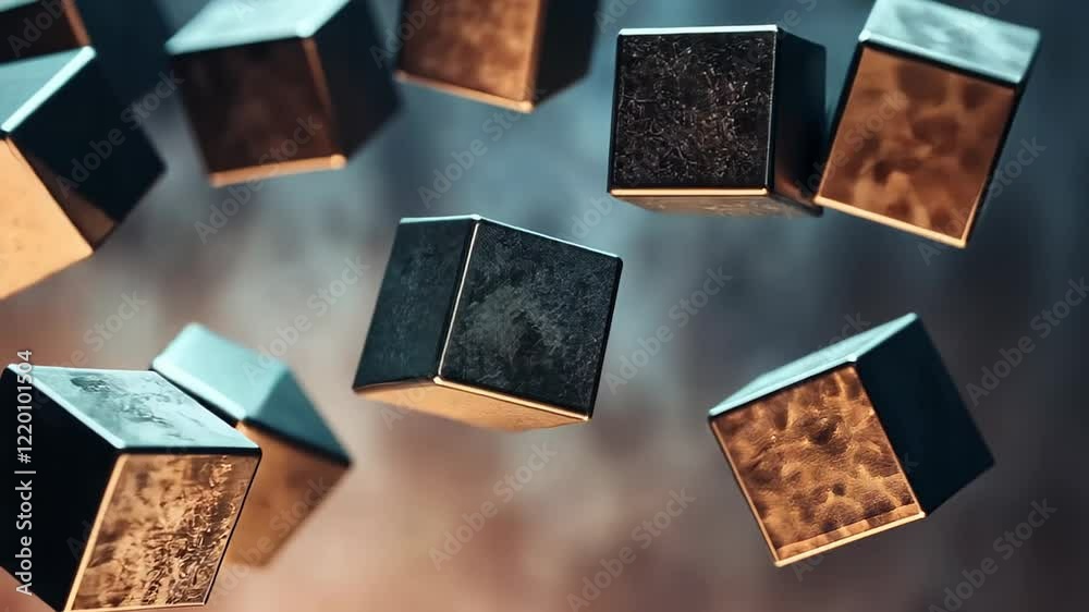 Poster floating metal cubes create mesmerizing patterns in an ethereal display of art and design. generativ