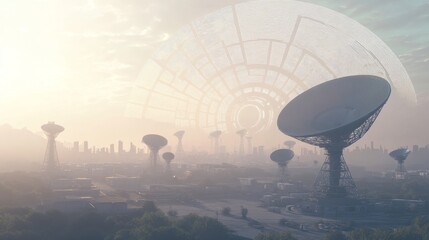 Obraz premium 9.2. A 3D-rendered telecom base station featuring a large antenna array and small satellite dishes, with radiating concentric waves and a nearby urban landscape.