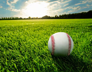 A baseball on the grass of the field