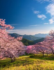 遠くの山並みを背景に咲き誇る桜と青空