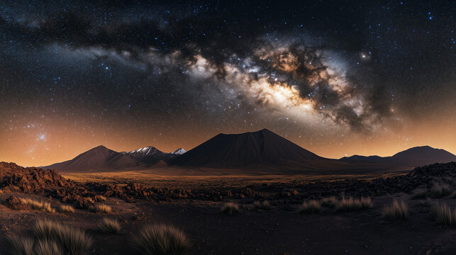 International Dark Sky Week, A stunning night view with a starry sky without light pollution, the Milky Way is clearly visible stretching over the dark mountains, Ai generated images - Powered by Adobe