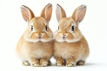 Obraz premium Two cute light brown rabbits, one standing and one sitting, on a white background, full-body shot in side view, high-definition photography.