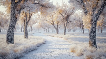 A serene winter park covered in thick frost, with every tree branch and blade of grass coated in a layer of glistening ice. 