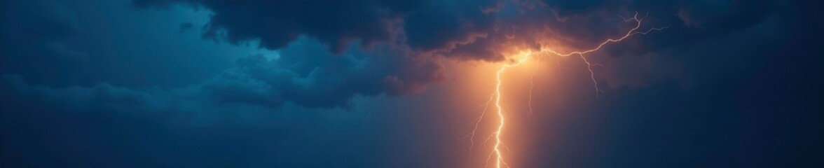 Dark stormy sky with yellow lightning striking on a blue cloud, clouds, thunder
