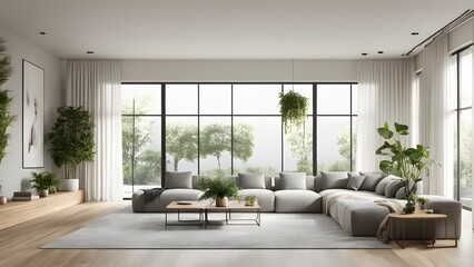 Fototapeta premium Modern minimalist living room with large windows, light grey sectional sofa, and lush greenery.