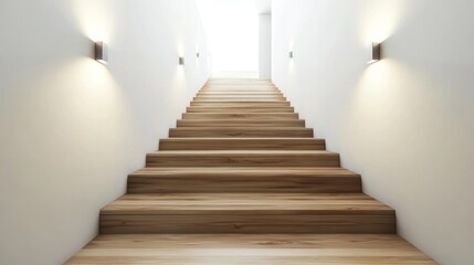 Fototapeta premium A wooden staircase in the hallway of a modern, minimalist house, with white walls, a wooden floor, and wall lighting sconces.