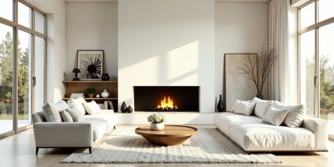 Obraz premium Modern minimalist living room design featuring a cozy fireplace and expansive windows, showcasing a serene atmosphere perfect for relaxation and quiet contemplation.