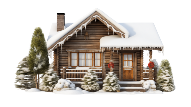 Cozy Winter Log Cabin in Snowy Landscape on a transparent background 