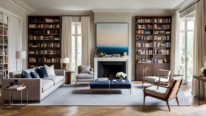 Elegant living room interior with hardwood floors, a light gray sofa, armchairs, built-in bookshelves, and a large abstract painting above the fireplace.