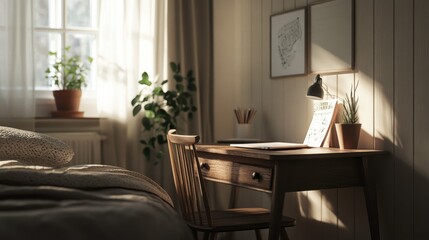 Cozy Minimalist Bedroom with Soft Daylight and Desk