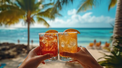 Two hands raise glasses of colorful cocktails with orange slices on a tropical beach with palm trees and blue skies.