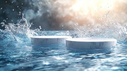 Two white podiums on blue water with splashes. Abstract nature background for cosmetic product display.