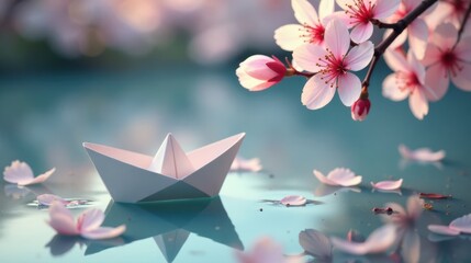 A Delicate Paper Boat Serenely Floats on Tranquil Water, Adorned with Softly Falling Blossom Petals in a Peaceful and Dreamlike Setting