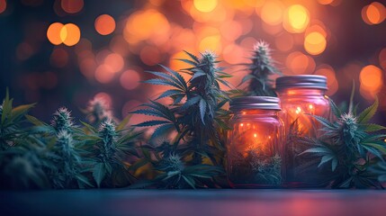 Vibrant cannabis leaves with colorful glass jars. Bokeh lights. Suitable for alternative medicine, lifestyle promotions.