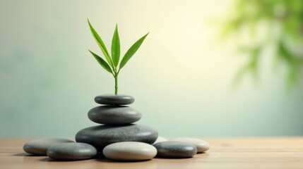 Obraz premium Serene Stack of Smooth Stones with a Vibrant Sprout, Representing Growth and Tranquility on a Wooden Surface