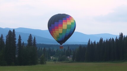 Fototapeta premium Colorful Hot Air Balloon Soaring Over Mountain Forest Landscape