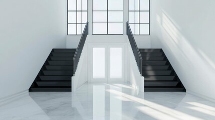 Modern interior design of a staircase in a white room with black and glass double doors, a simple house with a stairway interior concept design.