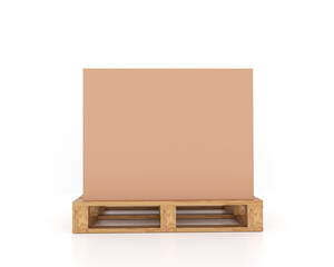 wooden pallet with a cardboard box, isolated on a white background. Ideal for logistics, shipping, warehousing, and packaging design concepts. Clean and professional visual. 3D rendering.