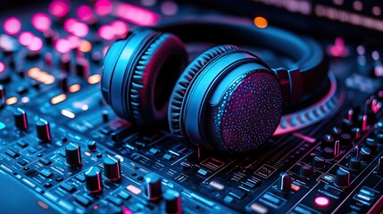 Vibrant illustration of colorful DJ headphones on a turntable with a mixing console, representing music, nightlife, and entertainment concepts.