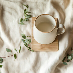 A white ceramic mug paired with a bamboo coaster, surrounded by small green leaves, placed on a textured beige linen background, beverages show concept
