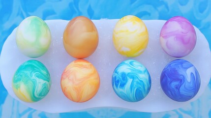 Fototapeta premium Colorful Marbled Easter Eggs on Ice Tray