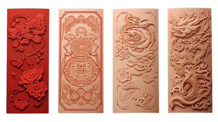 Intricate Chinese Style Embossed Designs Red and Beige Panels for Luxury Branding