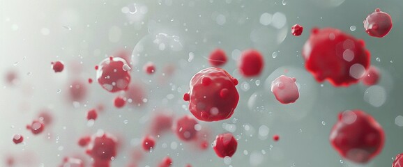 Microscopic view of red cells suspended in a fluid, creating a dynamic and abstract image.