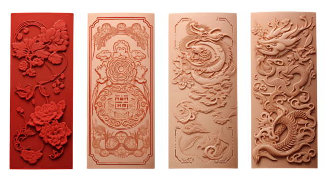 Intricate Chinese Style Embossed Designs Red and Beige Panels for Luxury Branding