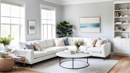 Modern living room interior with a white sectional sofa, a white coffee table, and a built-in bookshelf.