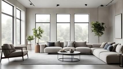 Modern minimalist living room interior with large windows, a neutral beige color scheme, and a modular sectional sofa.
