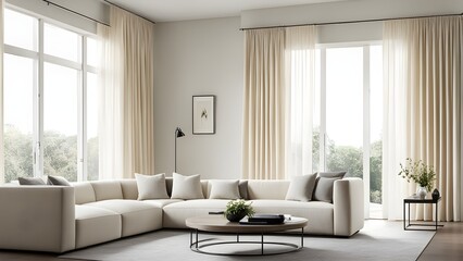 Fototapeta premium Modern living room interior design featuring a beige sectional sofa, sheer curtains, and a round coffee table.