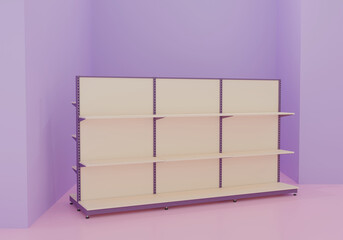 empty retail display shelves in a pastel purple and pink interior. Perfect for showcasing modern store layouts, product displays, or retail design concepts. Clean and vibrant visual. 3D rendering.