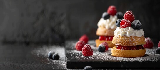 Delicious mini cakes topped with whipped cream, raspberries, and blueberries. A perfect sweet treat!