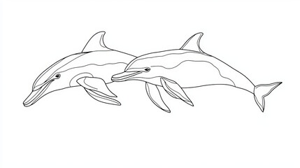 Obraz premium minimalist black and white line art illustration of two dolphins in motion showcasing elegant and stylized design concept perfect for marine animal enthusiasts and art lovers