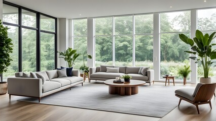 Modern living room interior with light gray sofas, a wooden coffee table, and large windows overlooking a lush green landscape.