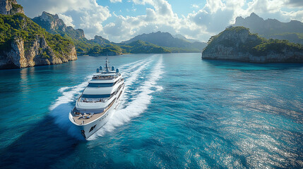 High-angle view of a sleek yacht cruising through vibrant ocean waters.