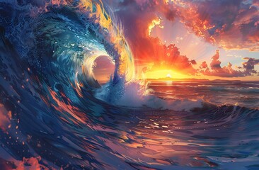 Obraz premium A vibrant digital painting of an ocean wave at sunset. The colors are warm and inviting, creating a sense of serenity and wonder.