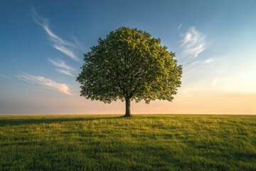 Obraz premium A solitary tree in the center of an expansive, grassy field, standing tall under a soft blue sky, with wisps of clouds and light shadows cast over the fresh, green landscape.