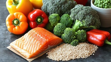 Eco-friendly paper bag spilling fresh vegetables and grains, with vibrant salmon, broccoli, and bell peppers in focus