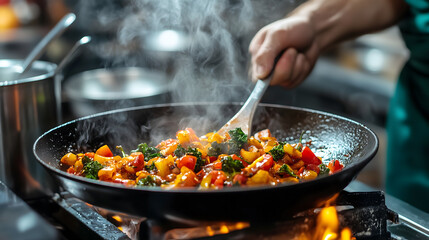 Stirring colorful vegetables in a pan
