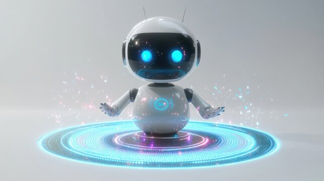 A dynamic 3D chatbot projecting holographic image variations into a circular layout, surrounded by glowing digital effects, isolated on white