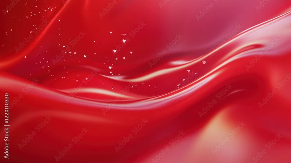 Poster dynamic red background with smooth, curving patterns and soft, floating hearts
