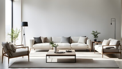 Modern minimalist living room interior with a cream sofa, armchair, and coffee table, complemented by floor lamps and potted plants.